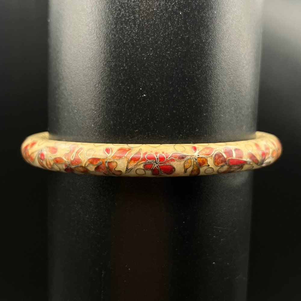 Vintage Cloisonné Enamel Bangle Bracelet Cream Red Orange Floral 7.5 Inch - Picture 3 of 8